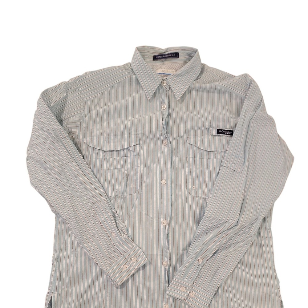 Columbia PFG Super Bonehead Long Sleeve Shirt Light Blue Stripe Men's L‎